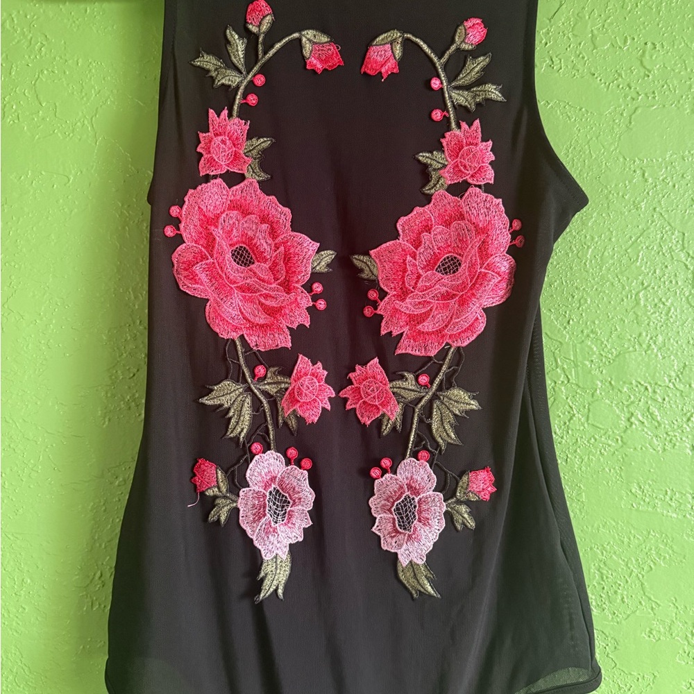 Haute Monde Black Tank Top with Pink Floral Embroidery